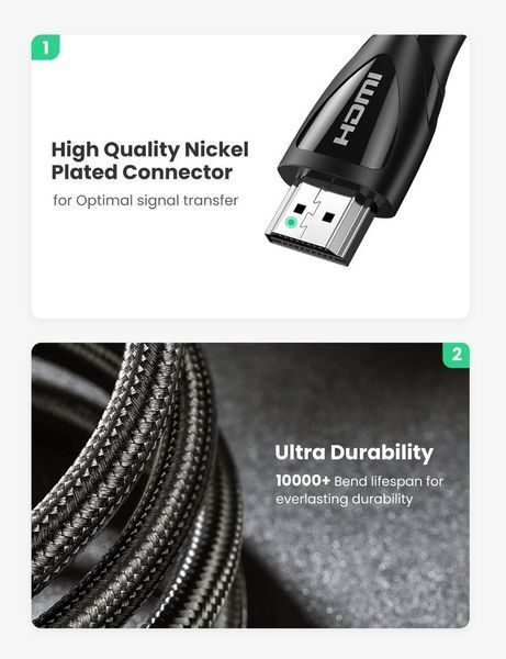 Кабель 8K HDMI 2.1 UGREEN HD140 Ultra HD, HDR, eARC, VRR 2.0m Black (80403) 80403 (2m) фото