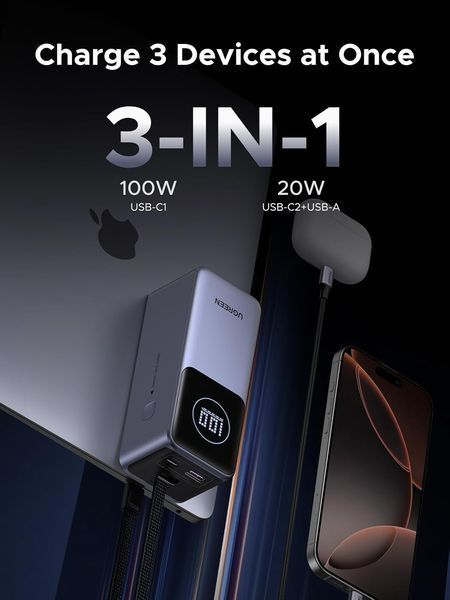 Зовнішній акумулятор UGREEN PB723 Nexode 130W, 20000 mAh для ноутбуків, MacBook Pro/Air/iPhone 17/16/iPad Pro/Galaxy S25 Grey (55365) 55365 фото