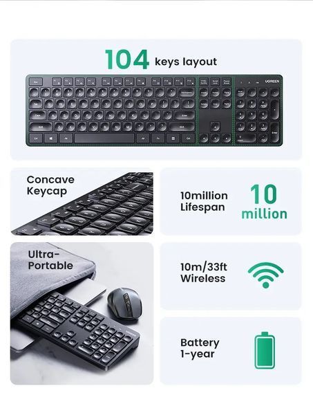 Беспроводная клавиатура UGREEN KU004 Wireless Keyboard 2.4G цифровой блок, 104 кнопки, для ПК, ноутбука (15219 15219 фото