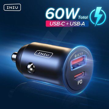 Автомобильное быстрое зарядное устройство INIU 60W 5А PD USB Type-C QC 3.0 металлический корпус INIU фото