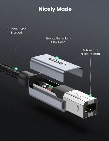 Кабель UGREEN US370 USB-C to USB Type-B Printer Cable для принтера, сканера, МФУ Aluminium 2m Black (80807) 80807 (2m) фото