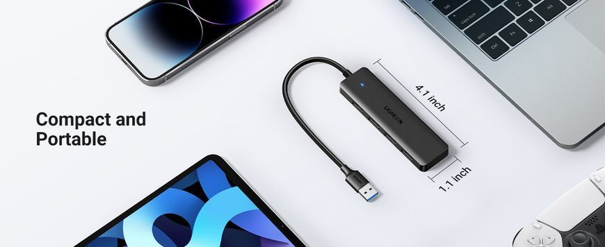 USB-хаб UGREEN CM219 4-Port USB 3.0 Hub портативный тонкий 4-портовый USB 5Gbps концентратор 15 см Black 25851 25851 фото