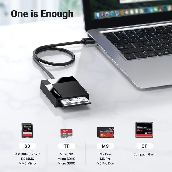 Картридер 4-in-1 UGREEN CR125 USB 3.0 SD/TF/CF/MS 5 Гбіт/с кабель 50 см Black (30333) 30333 фото