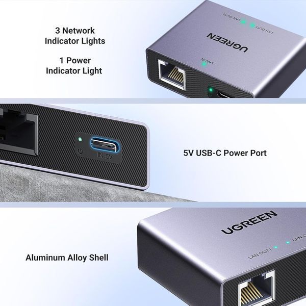 Адаптер-сплиттер 1000 Мбит/с Ugreen NW301 сетевой коммутатор RJ45 LAN с кабелем питания USB-C для ПК/ноутбука (45311) 45311 фото