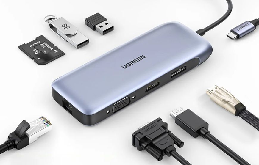 Концентратор 9 in 1 UGREEN CM274 2 х USB 3.0, HDMI, VGA, DP, RJ45, SD/TF, PD Grey (70301) 70301 фото