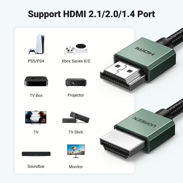 Кабель HDMI 8K Ultra HD UGREEN HD155 HDMI 2.1 HDR+ 3D 8K@60Hz (4K@240Hz) VRR eARC DTS Dolby 48 Gbps Black 1m (90382) 90382 (2m) фото