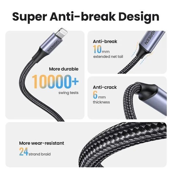 Кабель Lightning Ugreen US537 пружинний MFi для заряджання та передавання даних Lightning to USB-C 20W PD Fast 90480 90480 фото