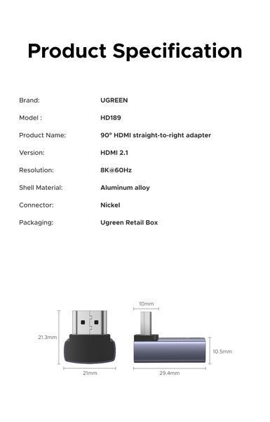 Адаптер 8K 60 Гц UGREEN HD189 HDMI to HDMI "тато" &mdash; "мама" з вигином на 90 градусів, розширювальний HDMI-роз'єм для ноутбука Grey (85632) 85632 фото