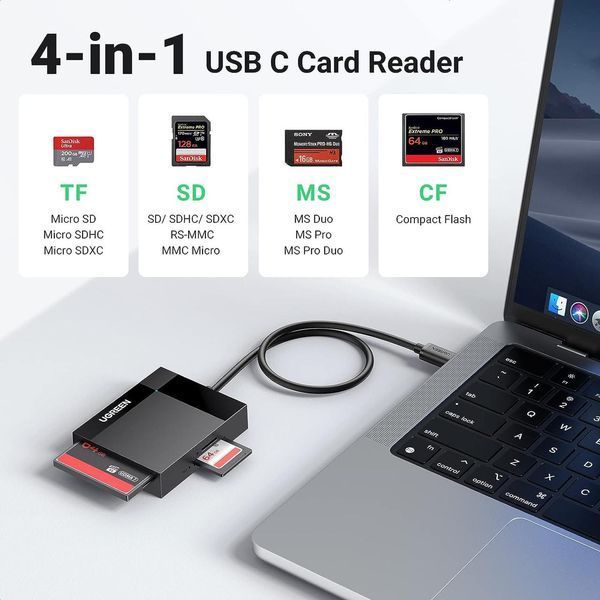 Кард-рідер 4 in 1 UGREEN CR125 SD/MicroSD/TF/CF/MS Compact Flash Type-C 0.5m Black (15306) 15306 фото
