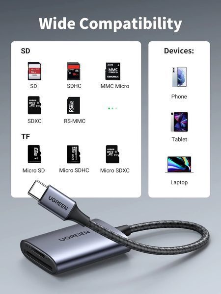 Card Reader USB-C to SD/TF 2-in-1 Ugreen 80888 (CM401) Aluminium Case NEW 80888 фото