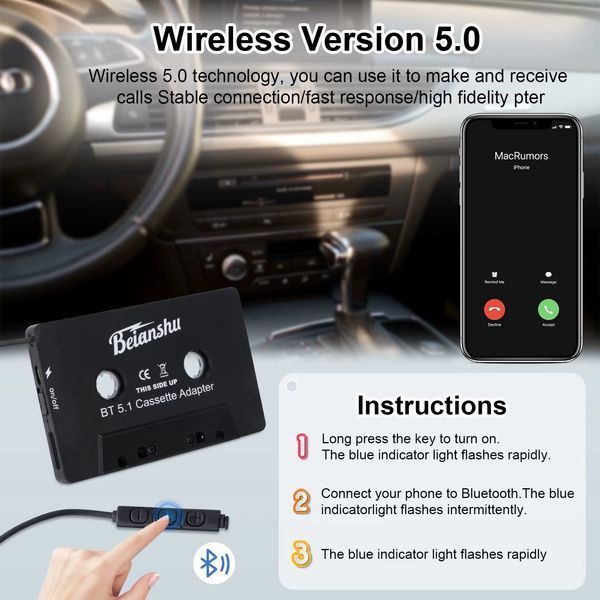 Автомобільний аудіоадаптер Beianshu ZHX-008 AUX касета з Bluetooth 5.1, MP3 плеєр для iPhone Samsung, Xiaomi Black ZHX-008 фото