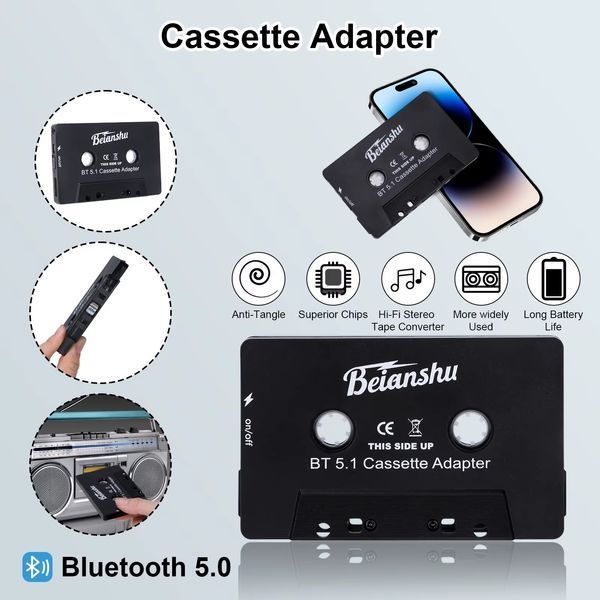 Автомобільний аудіоадаптер Beianshu ZHX-008 AUX касета з Bluetooth 5.1, MP3 плеєр для iPhone Samsung, Xiaomi Black ZHX-008 фото