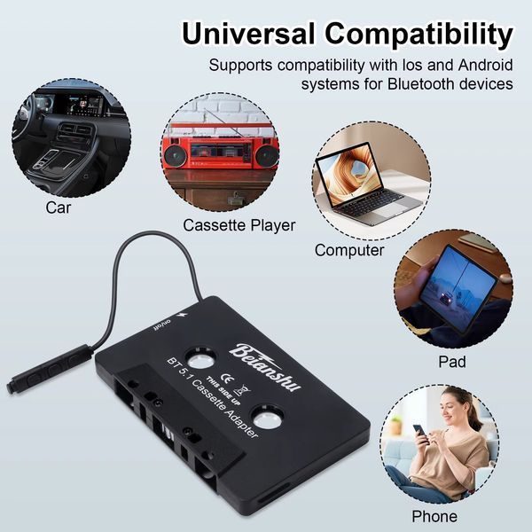 Автомобільний аудіоадаптер Beianshu ZHX-008 AUX касета з Bluetooth 5.1, MP3 плеєр для iPhone Samsung, Xiaomi Black ZHX-008 фото