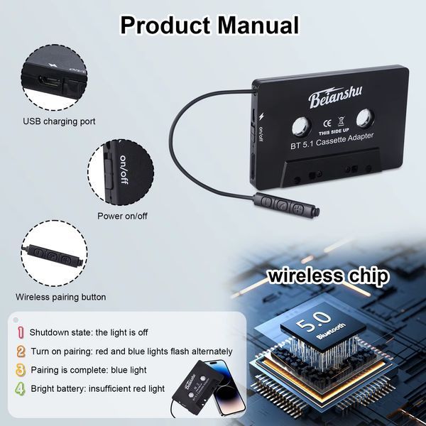 Автомобільний аудіоадаптер Beianshu ZHX-008 AUX касета з Bluetooth 5.1, MP3 плеєр для iPhone Samsung, Xiaomi Black ZHX-008 фото