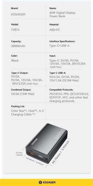 Зовнішній акумулятор Essager F2014 Power Bank з підтримкою швидкого заряджання PD 65W Ємністю 20 000 mAh для iPhone 17, 16, 15 2915883743 фото