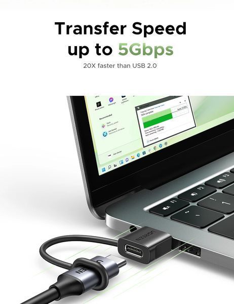 Перехідник USB-A to USB-C Ugreen LS502 конвертер OTG 18 Вт швидке заряджання USB 3.1, для ноутбука ПК Black 2650134846 фото