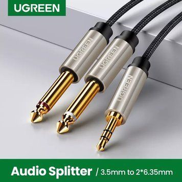Аудіокабель сплітер 3.5 mm to 2 х 6.35 mm F/M (2pin) для мікшера, підсилювача, колонок Ugreen AV126 Black (1-2m 10615 (2м) фото