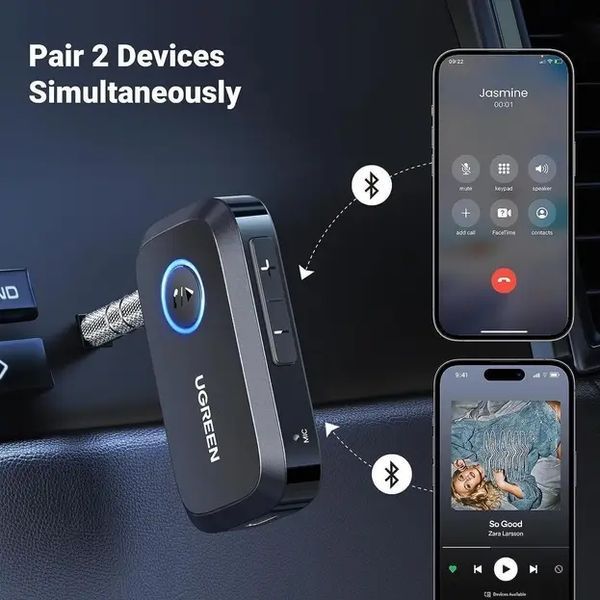 Адаптер Bluetooth 5.3 UGREEN CM596 аудиоприемник 3.5mm AUX для авто, дома аккумулятор 15часов Grey (35054) 35054 фото